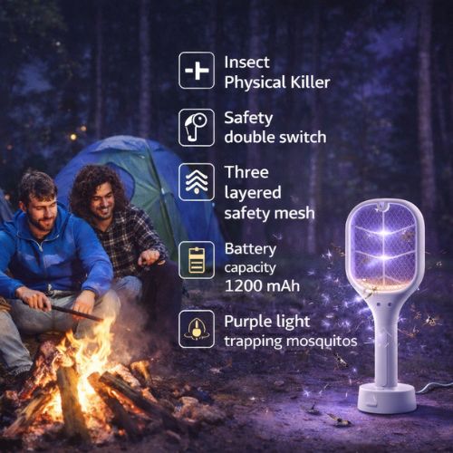 Mosquito Killer Racket Bat Uv Light Lamp Five Nights Mosquito Killer Autokill 2 in 1 Mosquito Racket 1200Mah Rechargeable Battery