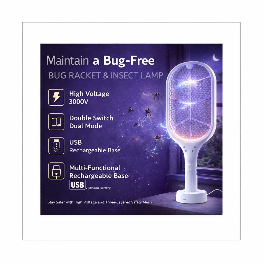 Mosquito Killer Racket Bat Uv Light Lamp Five Nights Mosquito Killer Autokill 2 in 1 Mosquito Racket 1200Mah Rechargeable Battery