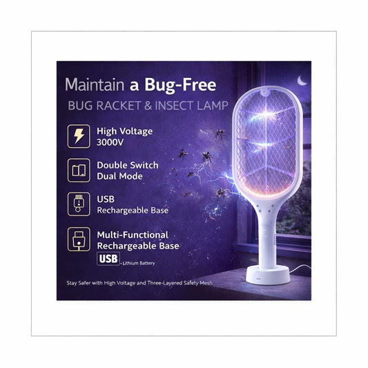 Mosquito Killer Racket Bat Uv Light Lamp Five Nights Mosquito Killer Autokill 2 in 1 Mosquito Racket 1200Mah Rechargeable Battery