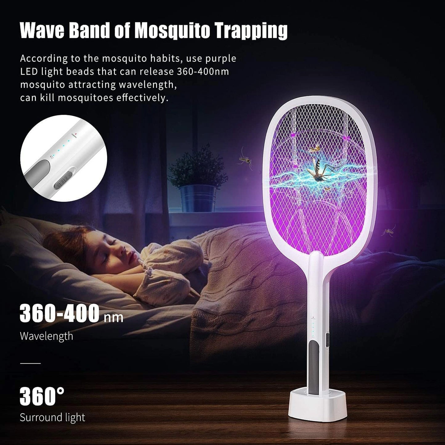 Mosquito Killer Racket Bat Uv Light Lamp Five Nights Mosquito Killer Autokill 2 in 1 Mosquito Racket 1200Mah Rechargeable Battery